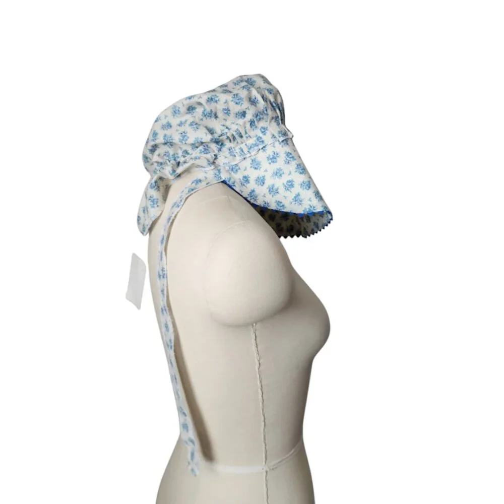 VINTAGE Prairie Cottagecore Blue Floral Sun Bonnet Hat with Ruffle Ties NEW - Picture 3 of 10